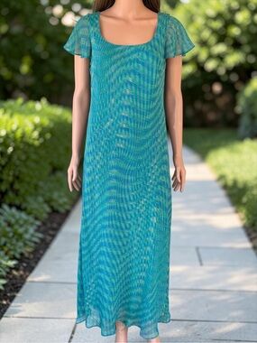Vintage August Silk 100% Silk Maxi Dress Blue Teal Green Flutter Sleeve 10